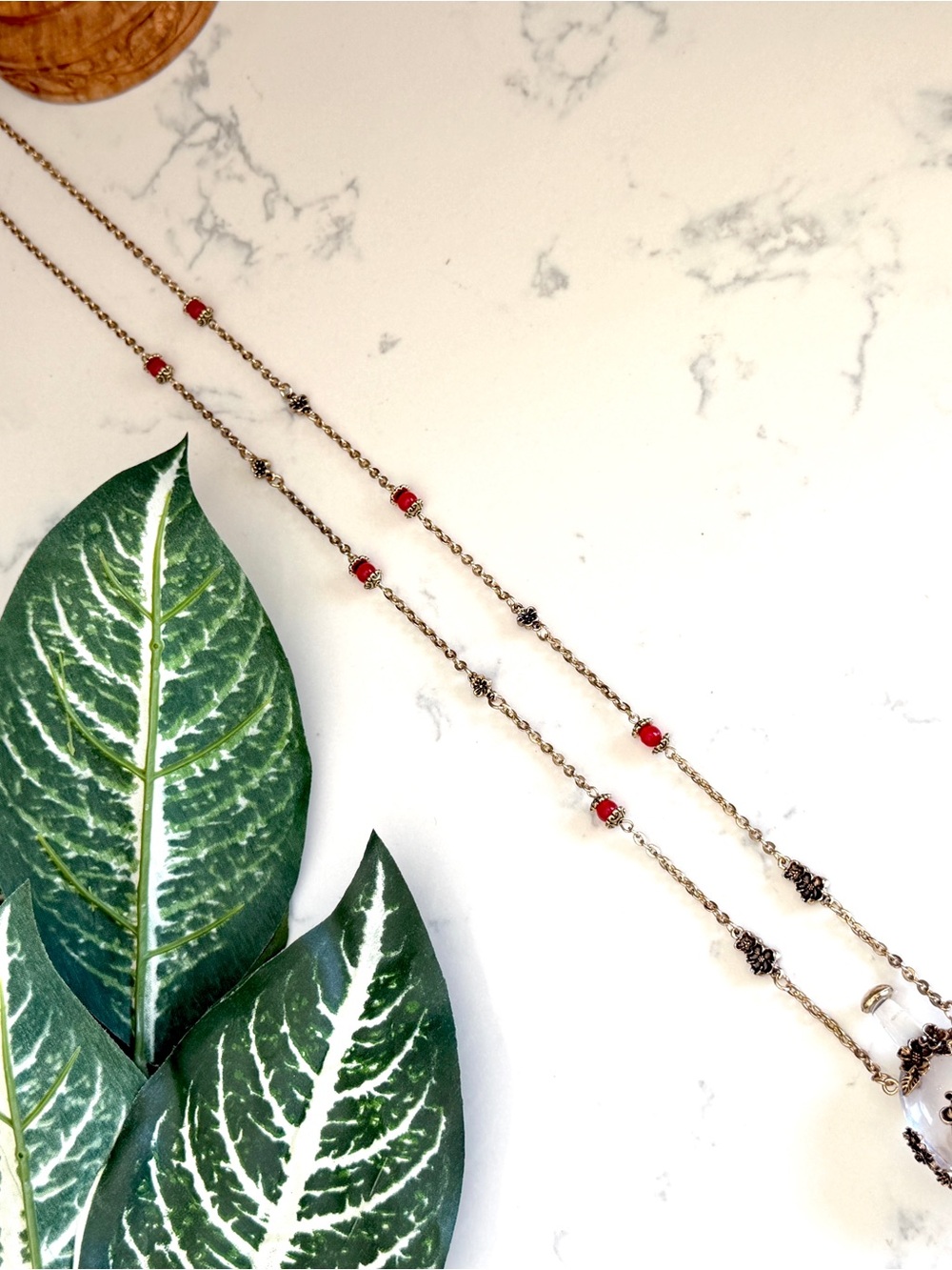 Apothecary Tiny Bottle Floral Motif Gold Necklace Long Jewelry Red Bead Gift NEW - Picture 10 of 12